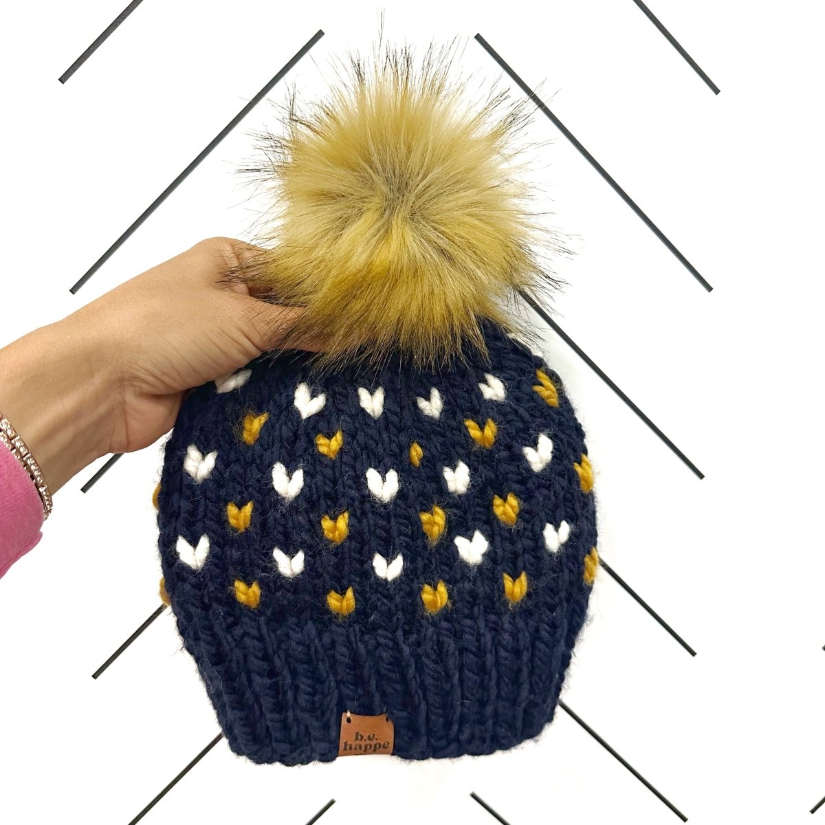 Adult Knit Pom Hat | Navy Blue + Yellow Heart Beanie - b.e.happe