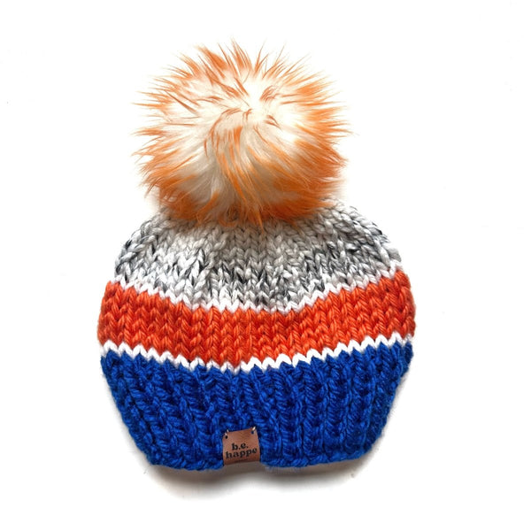 Adult Knit Pom Hat | Orange and Blue Beanie - b.e.happe