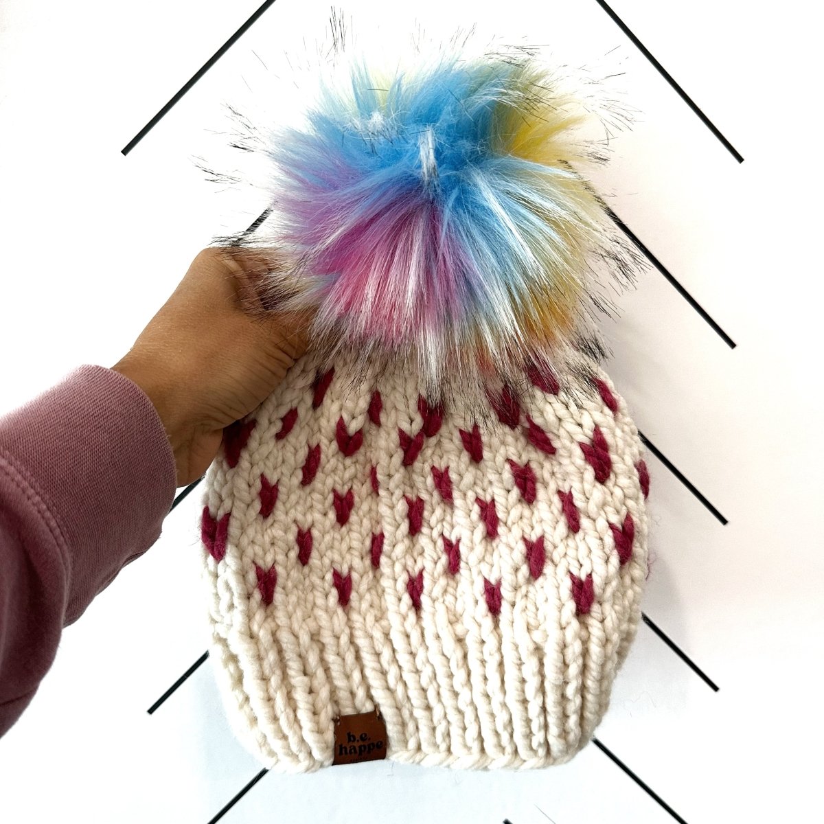 Adult Knit Pom Hat | Pink Rainbow Beanie - b.e.happe