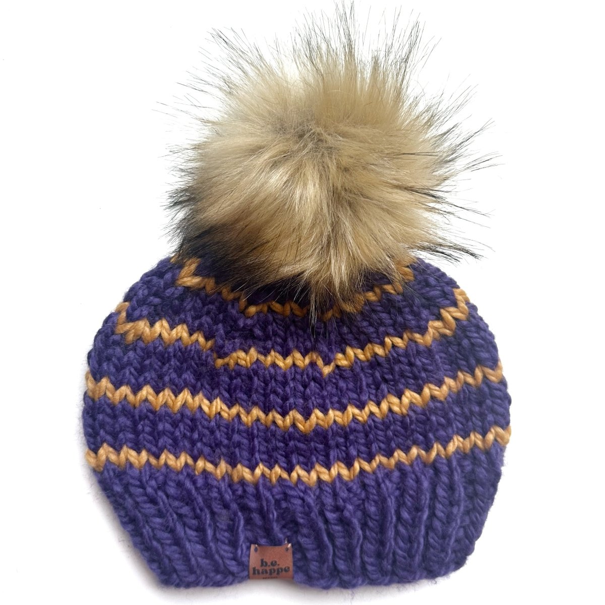 Adult Knit Pom Hat | Purple + Yellow Stripe Beanie - b.e.happe