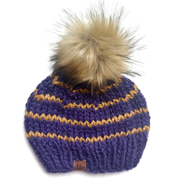 Adult Knit Pom Hat | Purple + Yellow Stripe Beanie - b.e.happe