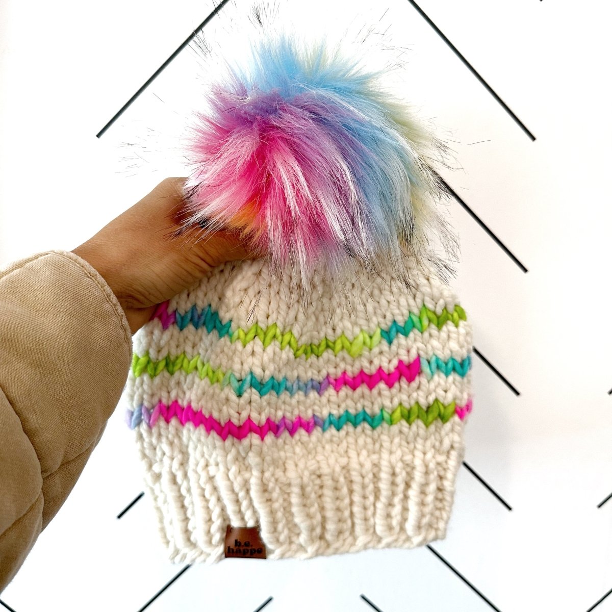 Adult Knit Pom Hat | Rainbow Pom Beanie - b.e.happe