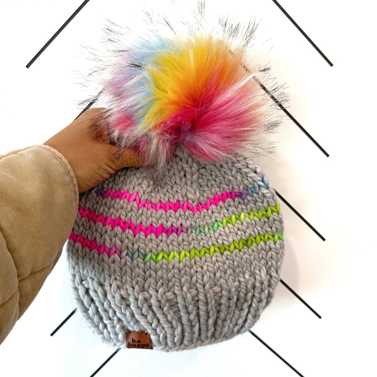 Adult Knit Pom Hat | Rainbow Stripe Beanie - b.e.happe