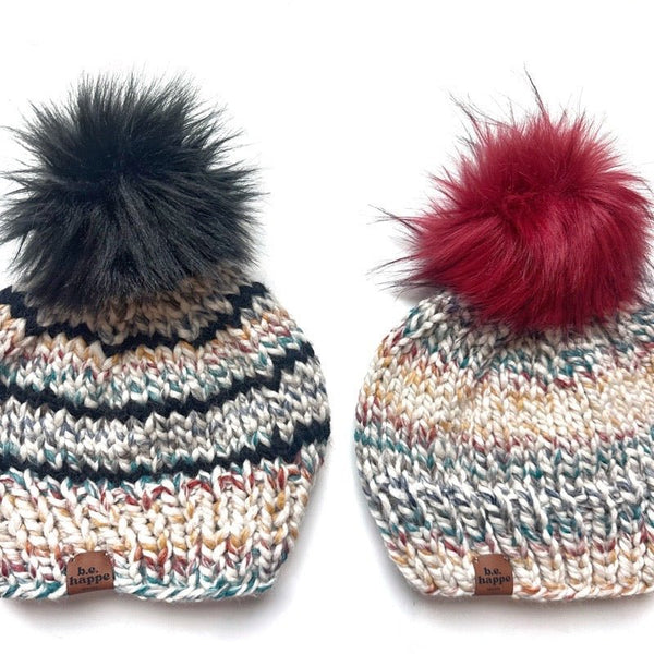 Adult Knit Pom Hat | Rainbow Striped Beanie - b.e.happe