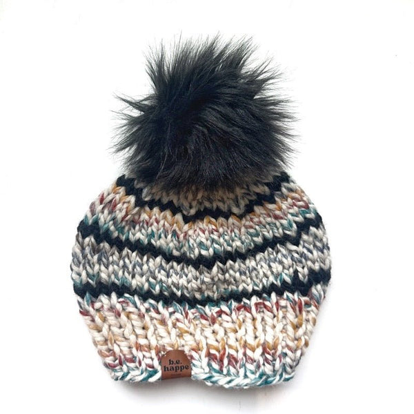 Adult Knit Pom Hat | Rainbow Striped Beanie - b.e.happe