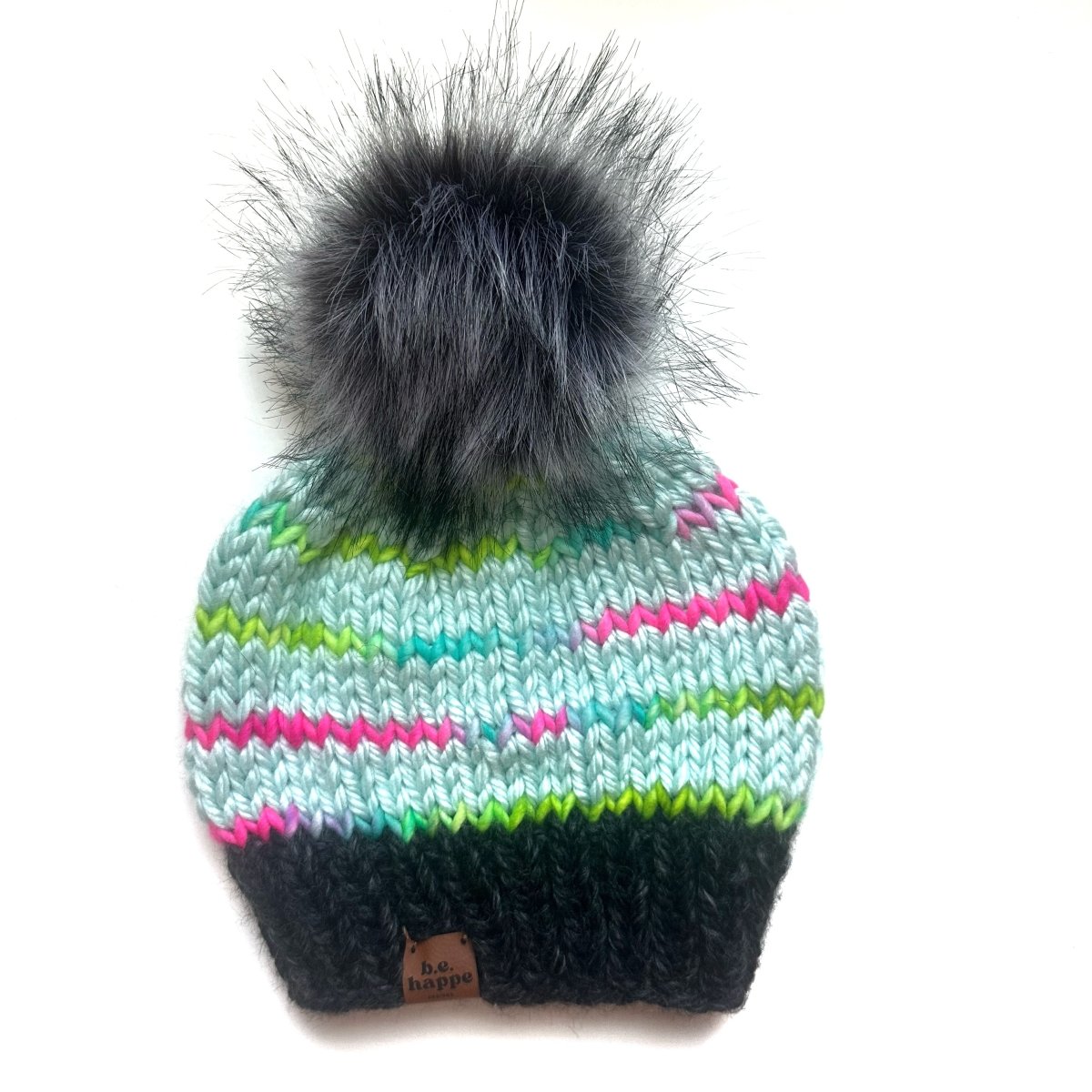 Adult Knit Pom Hat | Rainbow Striped Winter Beanie - b.e.happe