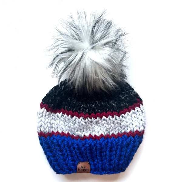 Adult Knit Pom Hat | Red + Blue Beanie - b.e.happe