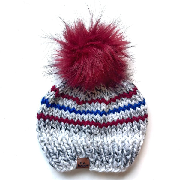 Adult Knit Pom Hat | Red + Blue Beanie - b.e.happe