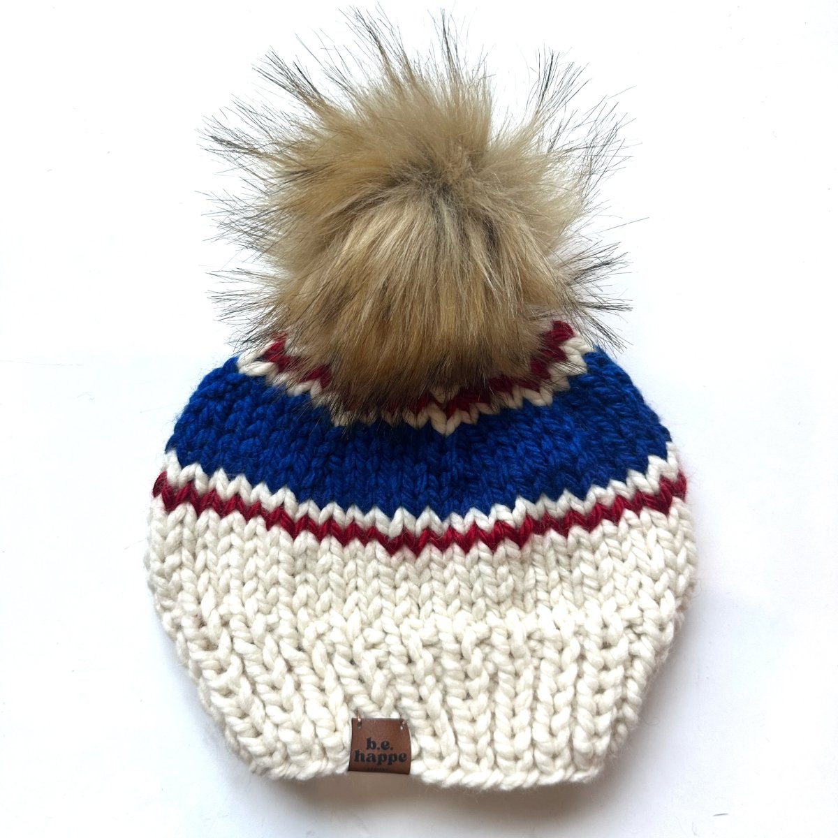 Adult Knit Pom Hat | Red + Blue Stripe Beanie - b.e.happe