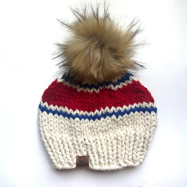 Adult Knit Pom Hat | Red + Blue Striped Beanie - b.e.happe