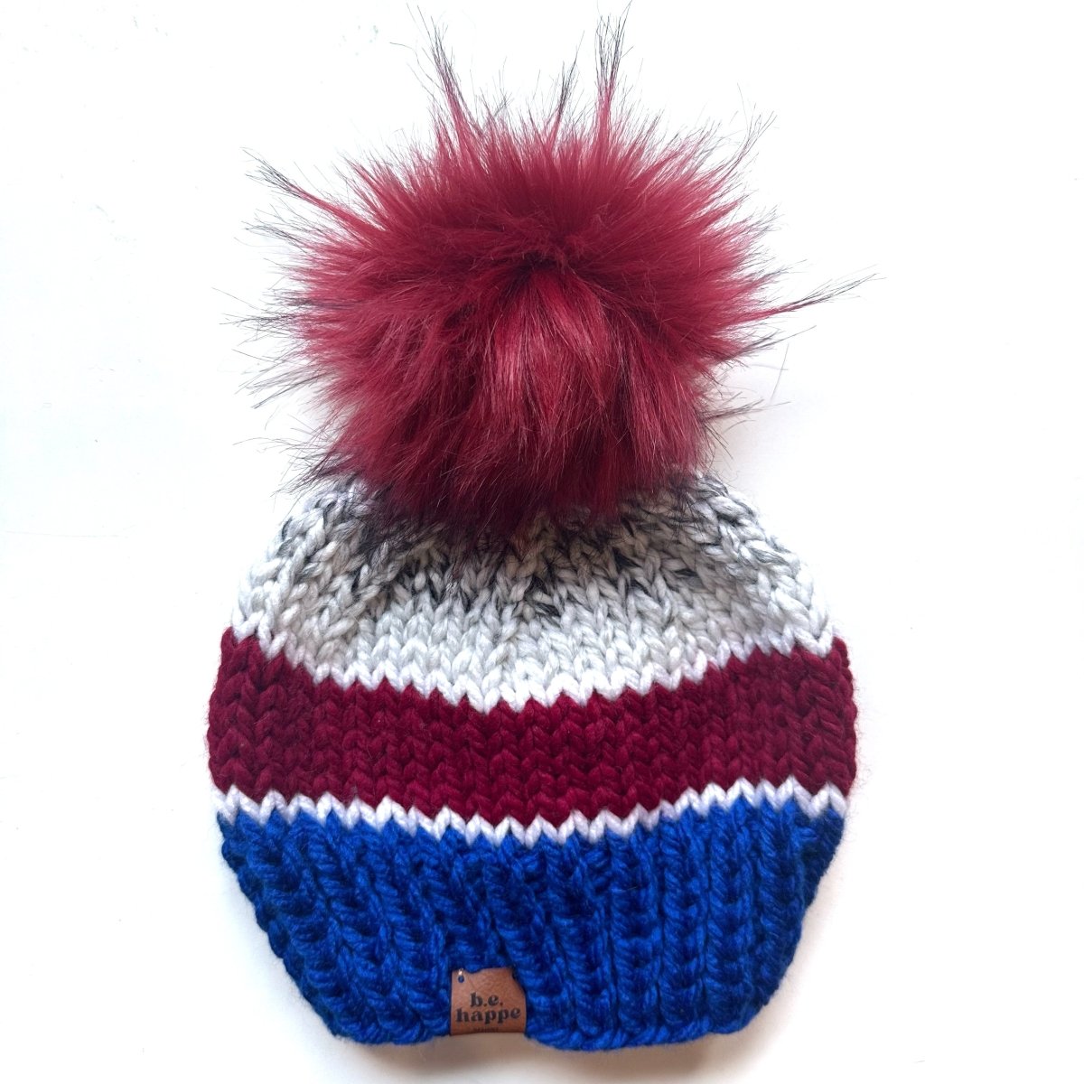Adult Knit Pom Hat | Red + Blue Striped Knit Beanie - b.e.happe