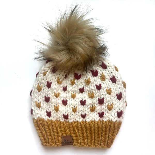 Adult Knit Pom Hat | Red + Yellow Heart Beanie - b.e.happe