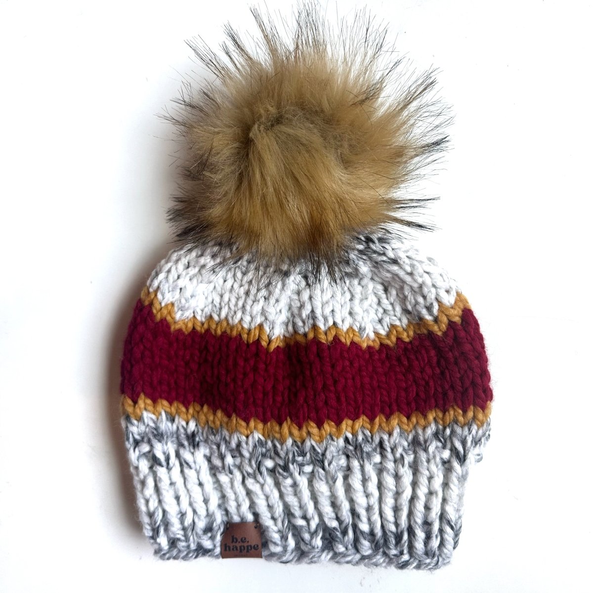 Adult Knit Pom Hat | Red + Yellow Stripe Beanie - b.e.happe
