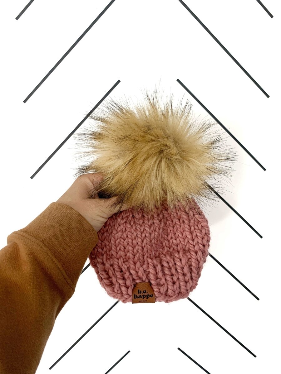 Adult Knit Pom Hat | Rose Pink Beanie - b.e.happe