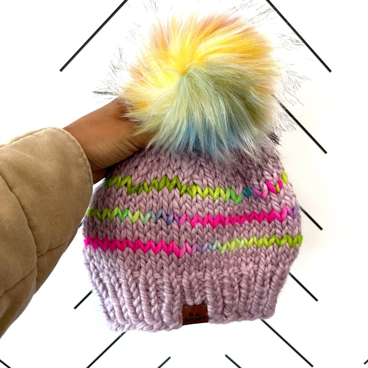 Adult Knit Pom Hat | Stripe Rainbow Beanie - b.e.happe