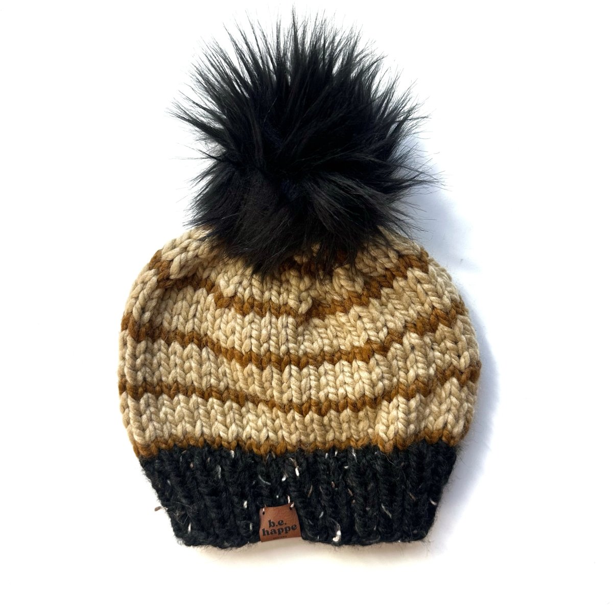 Adult Knit Pom Hat | Tan Stripe Winter Beanie - b.e.happe