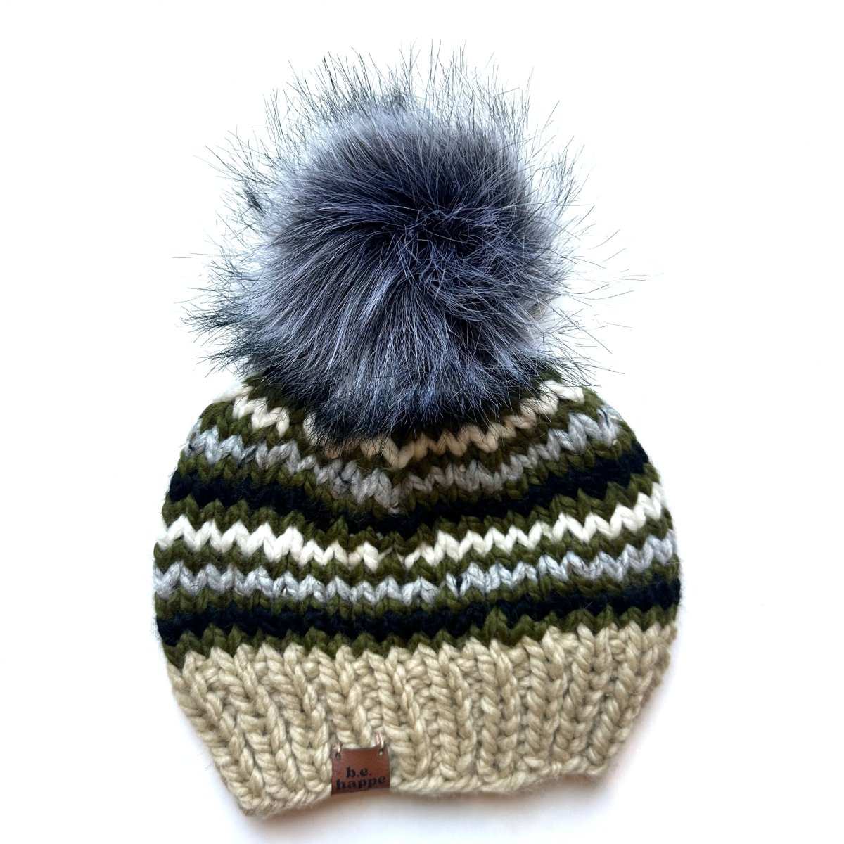 Adult Knit Pom Hat | Tan Striped Winter Beanie - b.e.happe
