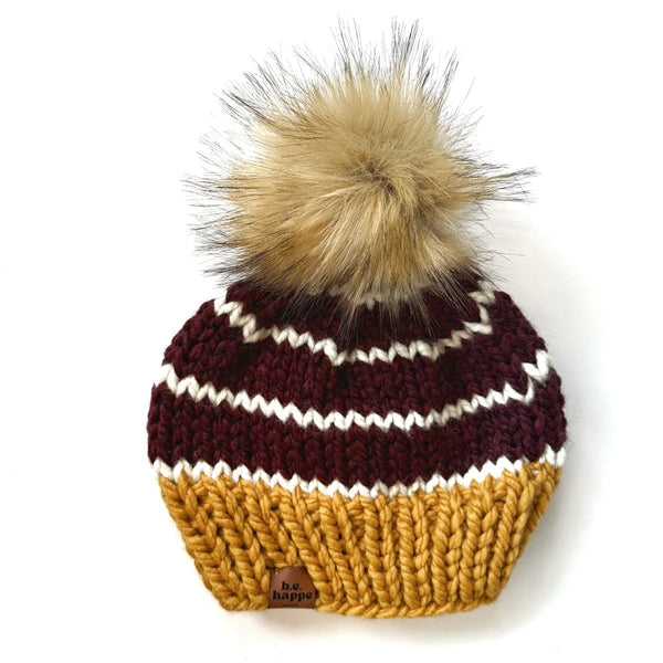 Adult Knit Pom Hat | Yellow + Burgundy Beanie - b.e.happe