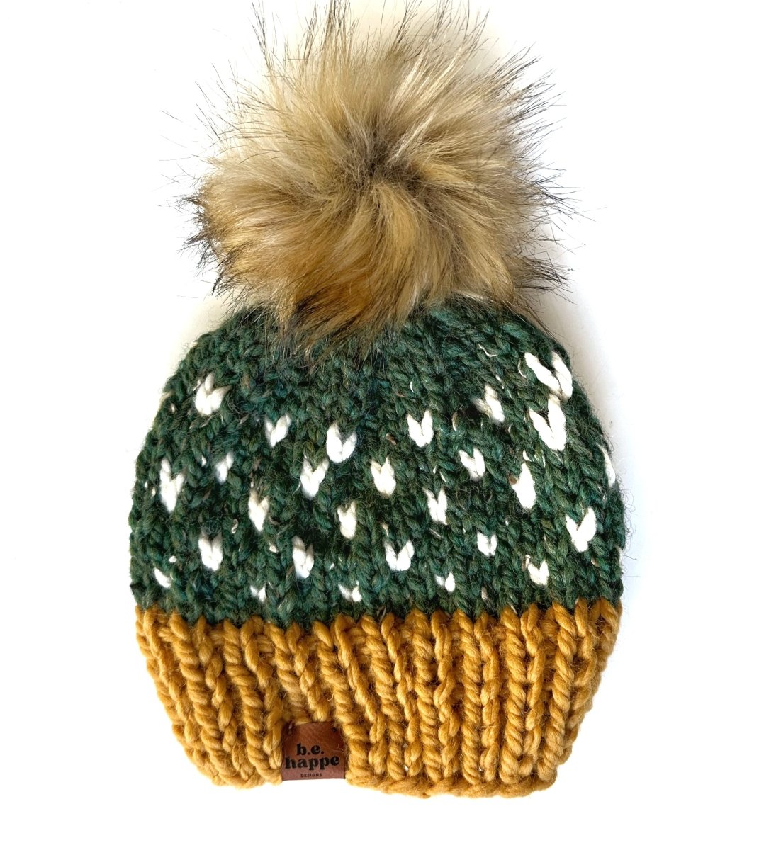 Adult Knit Pom Hat | Yellow+ Green Heart Beanie - b.e.happe