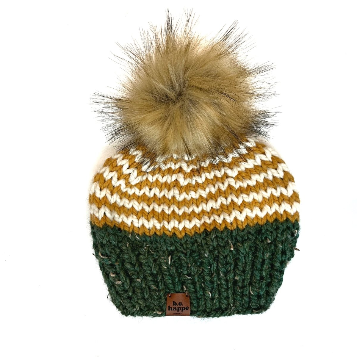 Adult Knit Pom Hat | Yellow + Green Zig Zag Beanie - b.e.happe