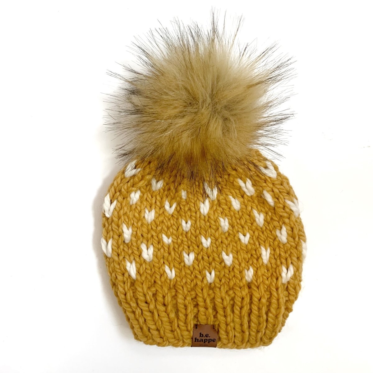 Adult Knit Pom Hat | Yellow Heart Beanie - b.e.happe