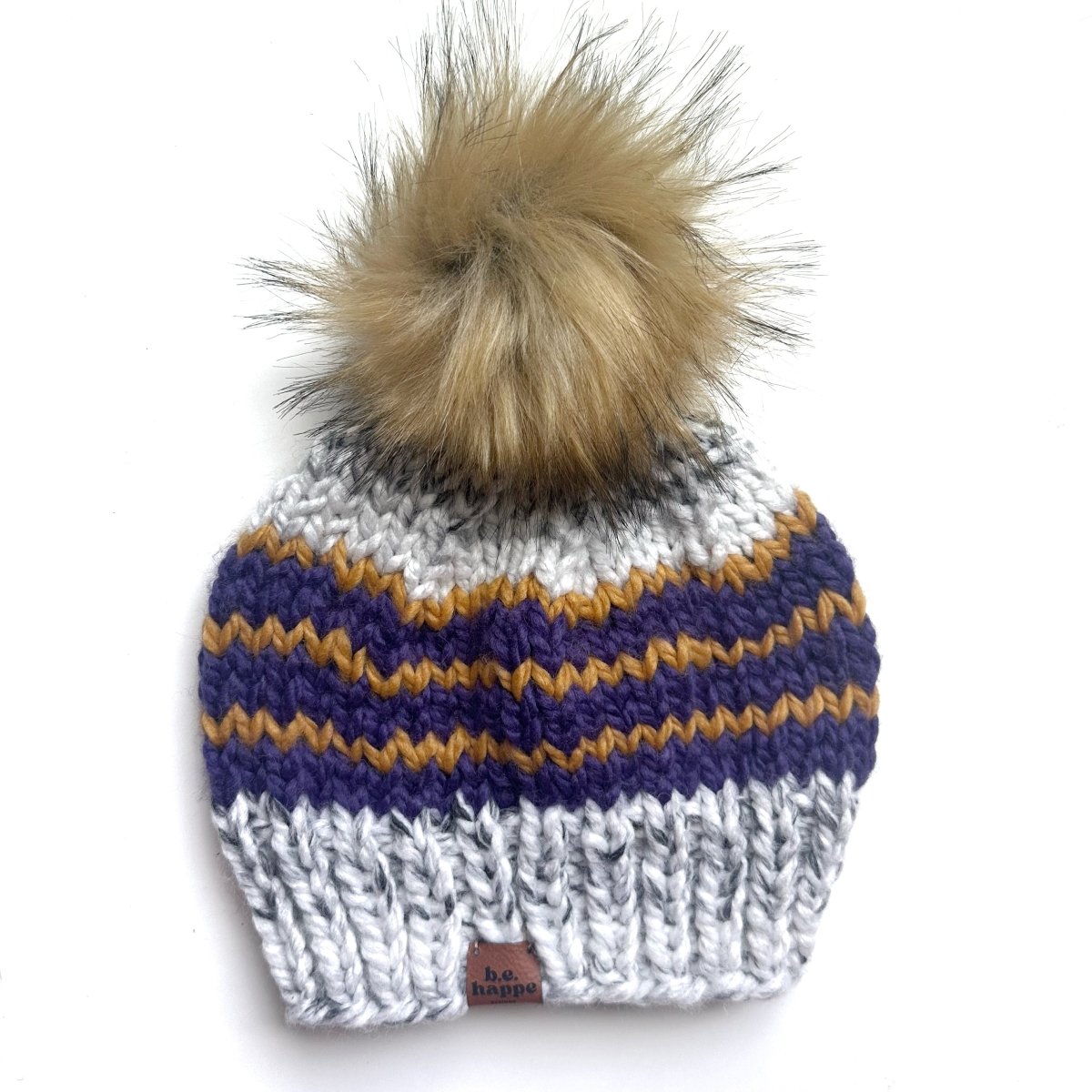 Adult Knit Pom Hat | Yellow + Purple Stripe Beanie - b.e.happe