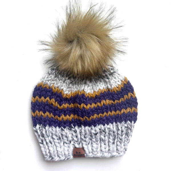 Adult Knit Pom Hat | Yellow + Purple Stripe Beanie - b.e.happe