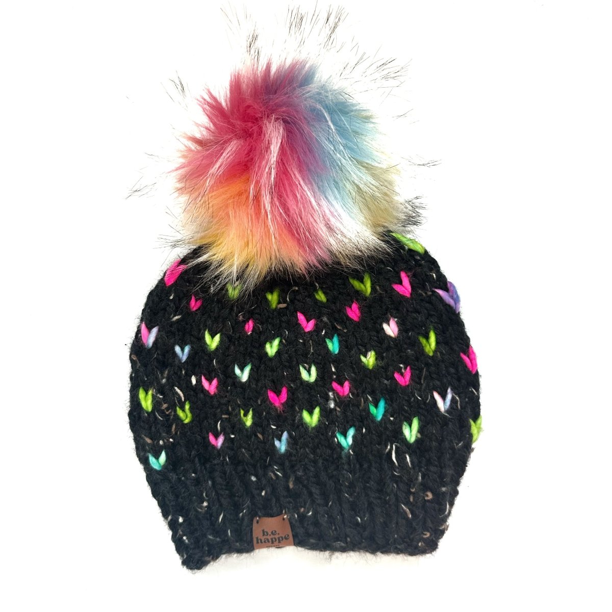 Adult Pom Hat | Black Rainbow Heart Beanie - b.e.happe
