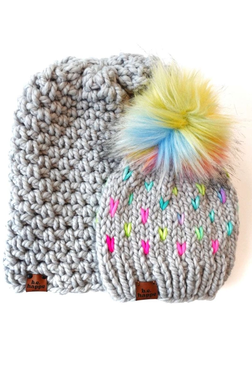 Adult Pom Hat | Gray Rainbow Beanie - b.e.happe