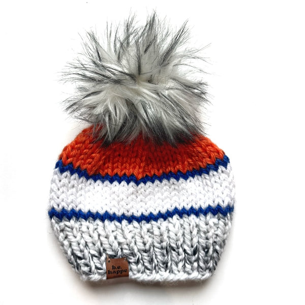 Adult Pom Hat | Orange and Blue Knit Beanie - b.e.happe
