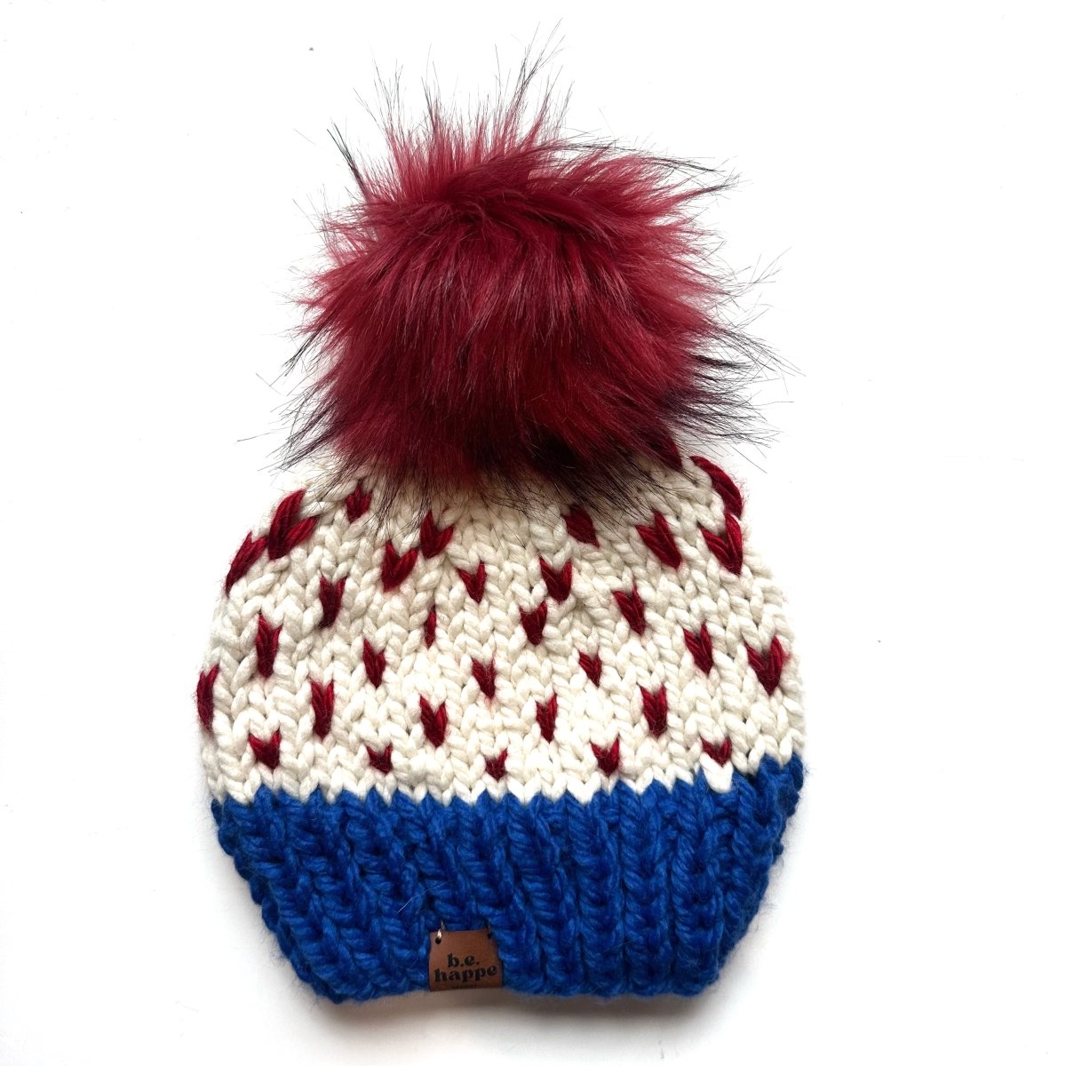 Adult Pom Hat | Red + Blue Heart Winter Beanie - b.e.happe