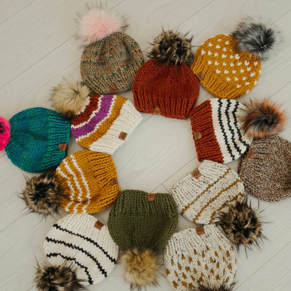 Adult Stripe Knit Pom Hat | Brown Beanie - b.e.happe