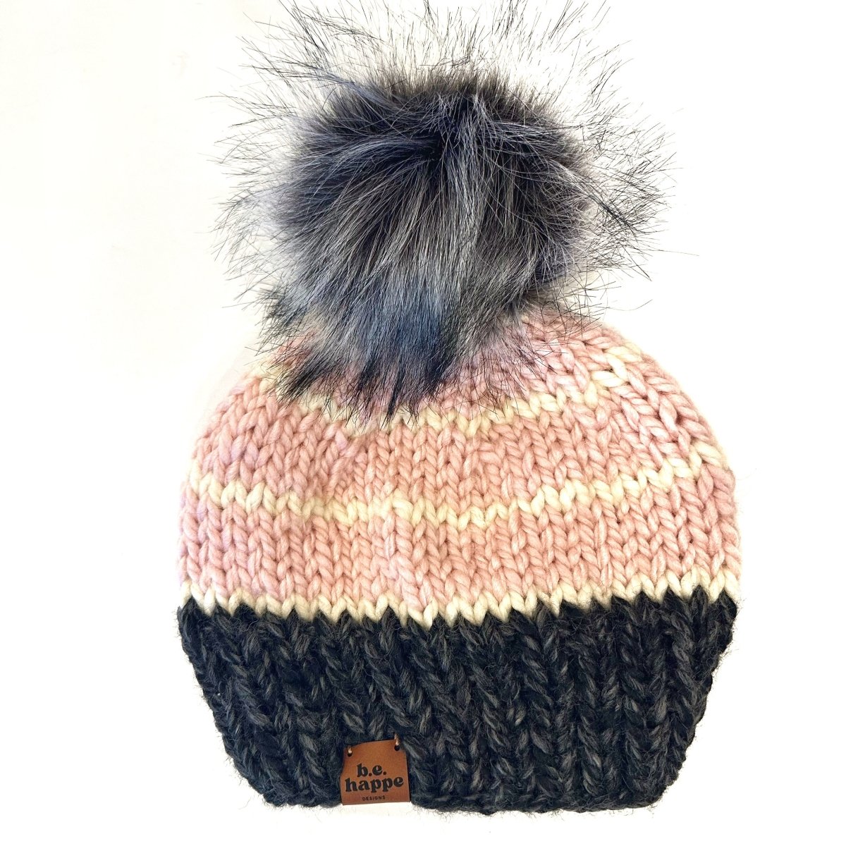 Adult Stripe Knit Pom Hat | Light Pink + Gray + Off White - b.e.happe