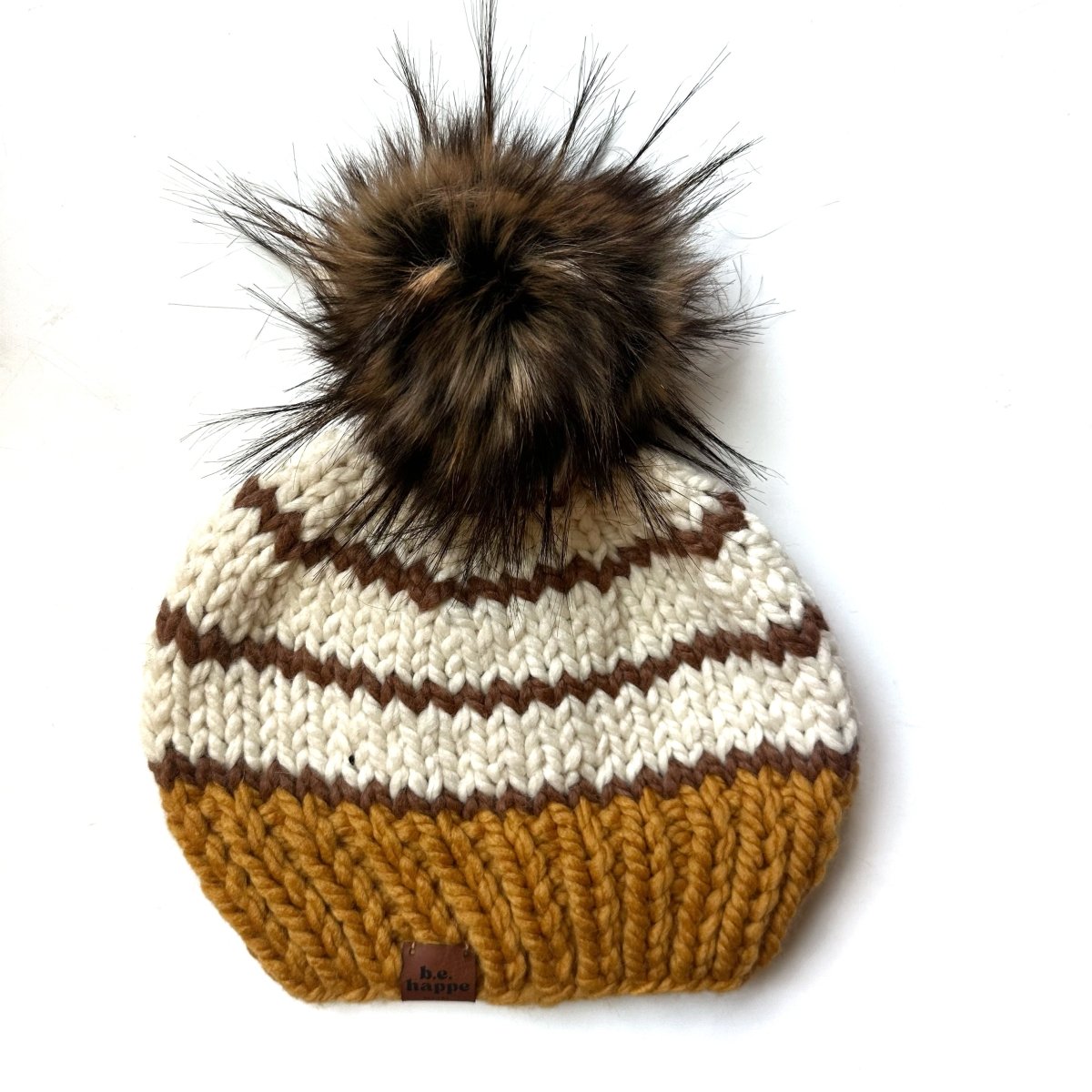 Adult Stripe Knit Pom Hat | Mustard Yellow + Brown - b.e.happe