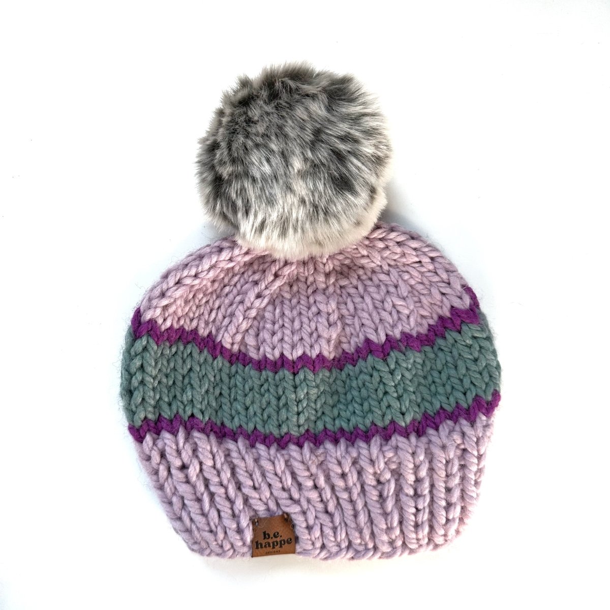 Adult Stripe Knit Pom Hat | Purple + Blue Beanie - b.e.happe