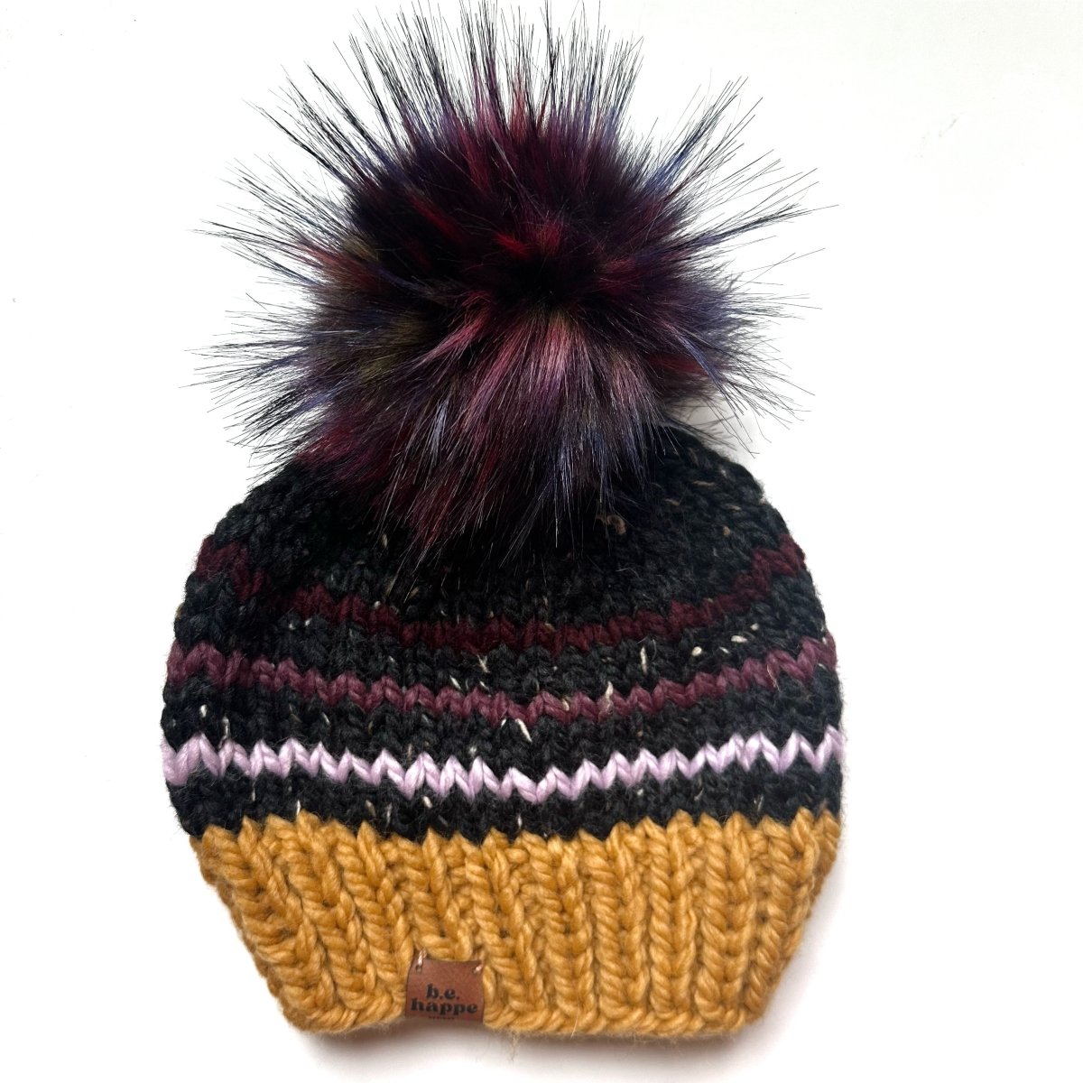 Adult Striped Pom Hat | Black Colorful Beanie - b.e.happe