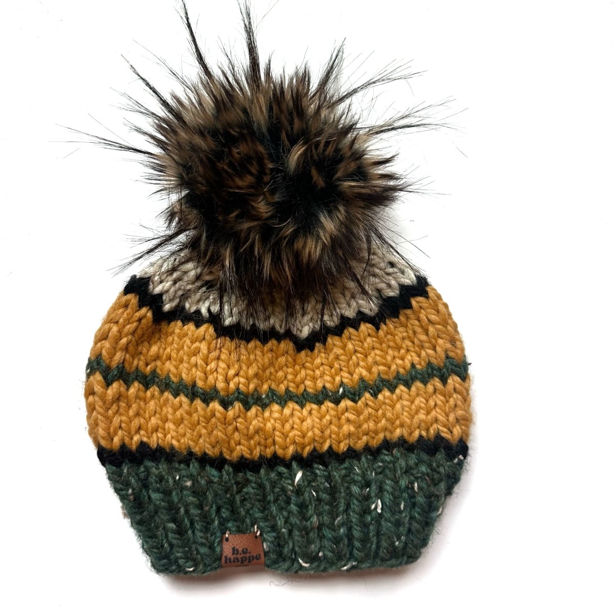 Adult Striped Pom Hat | Green + Yellow Beanie - b.e.happe