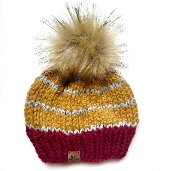 Adult Striped Pom Hat | Red and Yellow Beanie - b.e.happe