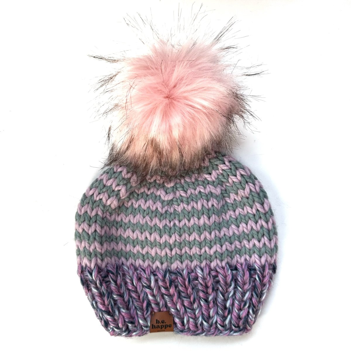 Adult Zig Zag Knit Pom Hat | Purple + Gray Beanie - b.e.happe
