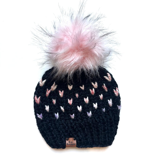 Baby Knit Pom Hat | Black + Pink Heart Beanie - b.e.happe