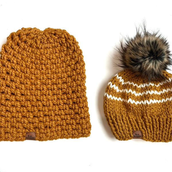 Baby Knit Pom Hat | Butterscotch Stripe Beanie - b.e.happe
