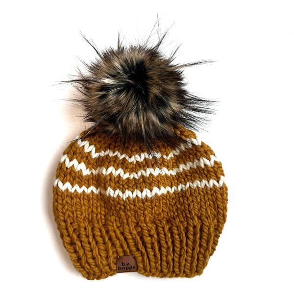 Baby Knit Pom Hat | Butterscotch Stripe Beanie - b.e.happe