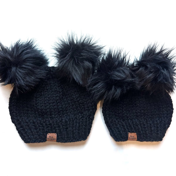 Black Double Pom Mommy and Me Matching Hat Set | Matching Beanies - b.e.happe