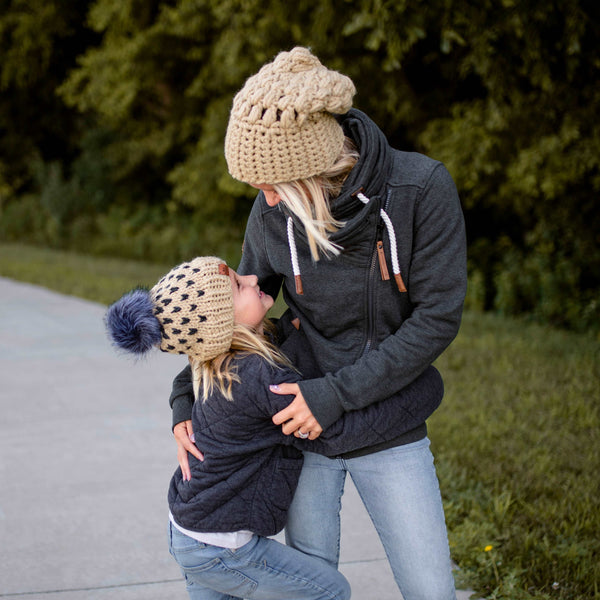 crochet puff stitch slouch hat, tan mommy and me hat set, women's slouch hat