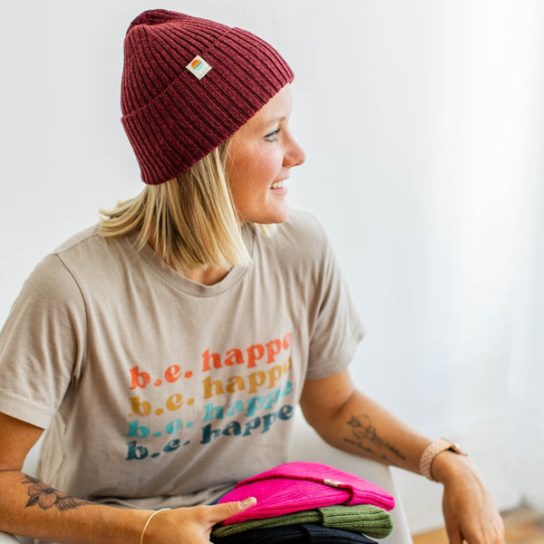 Cuffed Knit Beanie | Unisex Maroon Winter Hat - b.e.happe