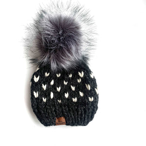 Knit Happe Hearts Pom Hat | Charcoal Gray + Off White