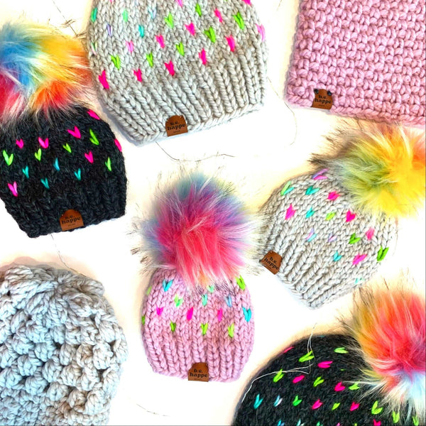 Adult Knit Pom Hat | Gray Rainbow Beanie - Hats from b.e.happe 
