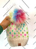 Handmade Knit Happe Hearts Pom Pom Hat | Off White Rainbow