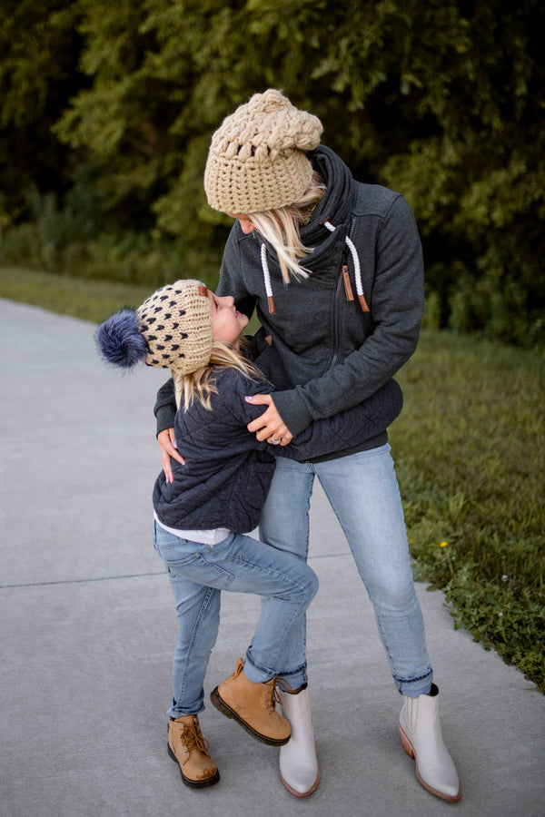 crochet puff stitch slouch hat, tan mommy and me hat set, women's slouch hat
