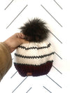 Adult Striped Knit Pom Pom Hat | Maroon + Charcoal + Off White